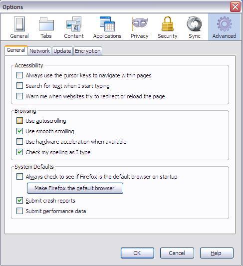 Firefox Advanced General settings menu